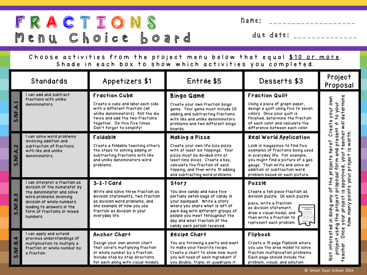 Math Choice Board Bingo Card